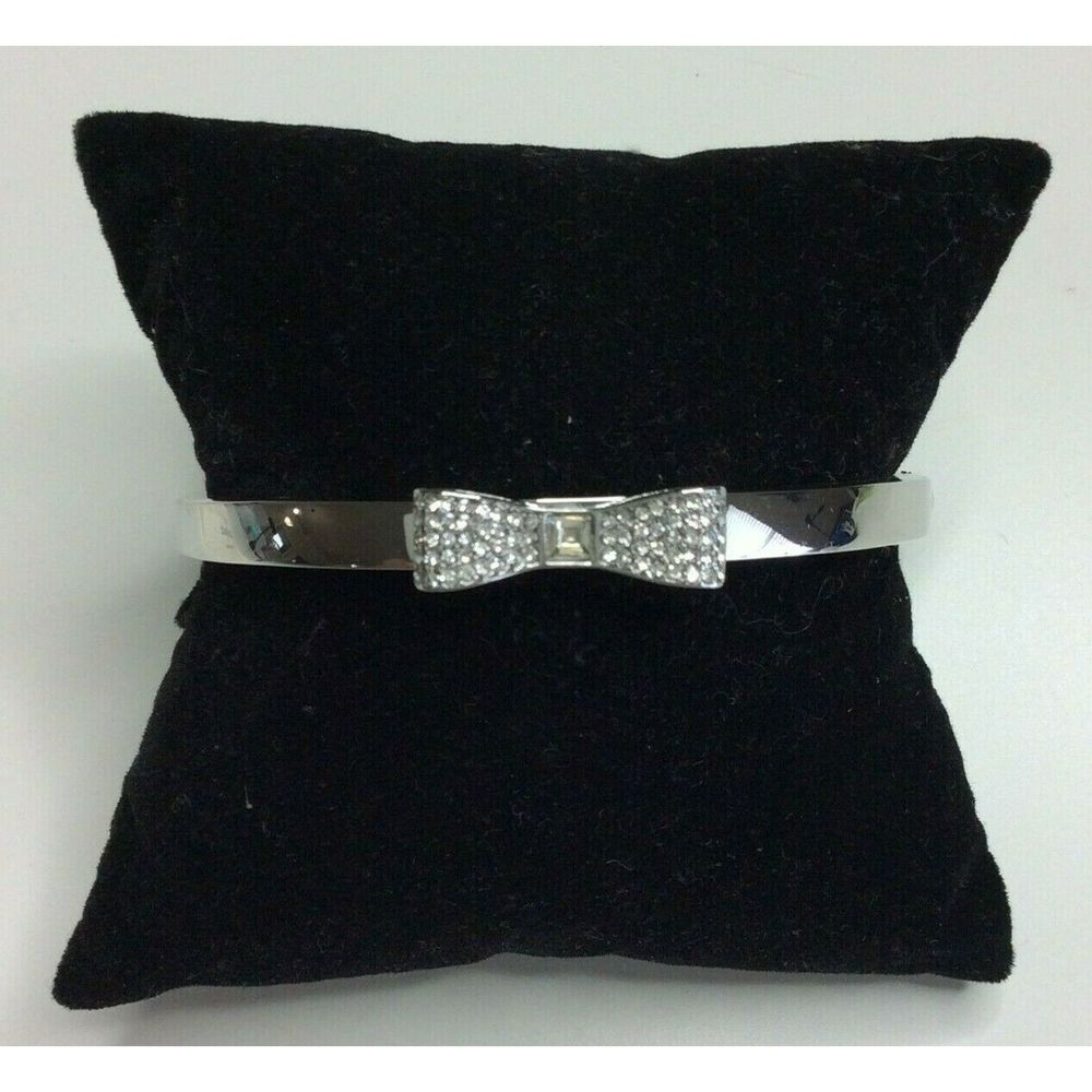 Kate Spade Silver Bangle Bracelet Pave Bow Hinged - Picture 2 of 6